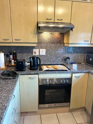 a kitchen with wooden cabinets and a stove top oven at The Hippo Luxury Apartment in Cape Town