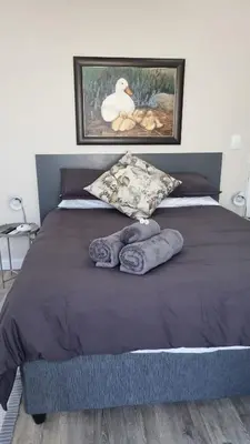 a bed with two pillows and a picture of a duck at Lorenza's Place in Stellenbosch