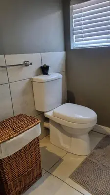 a bathroom with a white toilet and a basket at Lorenza's Place in Stellenbosch