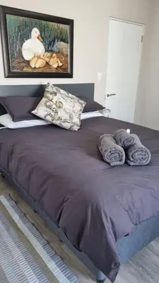 a bed with pillows and a picture of a duck at Lorenza's Place in Stellenbosch
