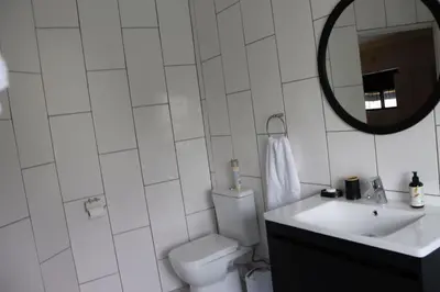 a bathroom with a toilet and a sink and a mirror at Villa Des Roses in Paarl