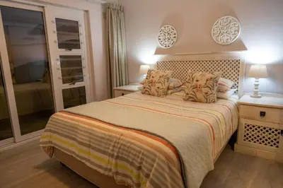 a bedroom with a large bed and a mirror at House 12 Beach Club in Hermanus