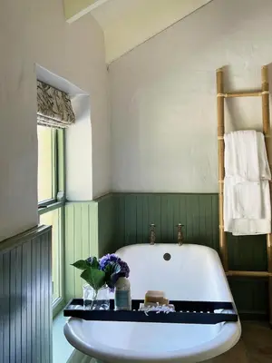 a bath tub in a green and white bathroom at Moya's Vineyard in Mosselrivier