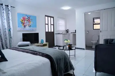 a bedroom with two beds and a living room at Blomtuin Sleep and go room in Cape Town