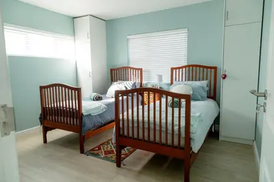 two twin beds in a bedroom with blue walls at Fijnbos in Pringle Bay