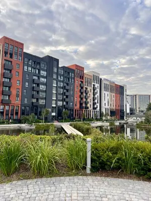 a city with tall buildings and a body of water at Bridgewater Studio Apartment in Century City