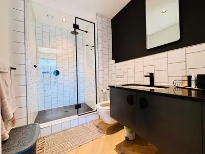 a bathroom with a shower and a toilet and a sink at Zals Luxury -Nine Palms in Cape Town