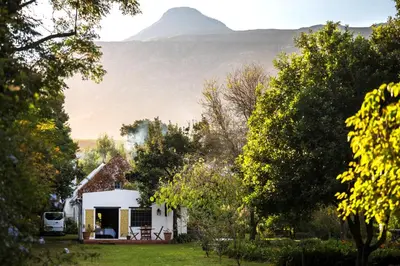 a white house with a mountain in the background at Cape Weaver cottage in Greyton
