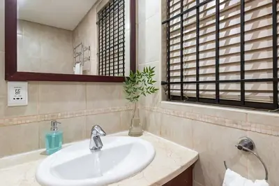 a bathroom with a sink and a vase with a plant at Spacious 1 Bedroom Flat Church St Stellenbosch in Stellenbosch