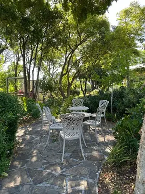 a patio with a table and chairs and trees at Somer House Guest Suites in Somerset West