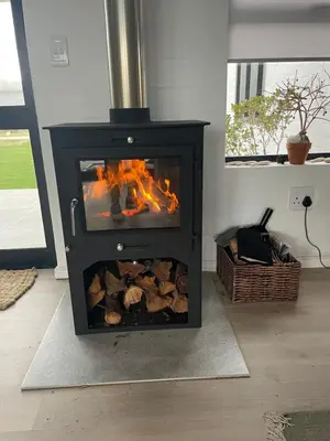 a fireplace in a living room with fire in it at Brunia Cottage in Bettyʼs Bay