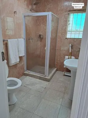a bathroom with a shower and a toilet and a sink at Serena Inn Apartment no5 Self Catering in Cape Town