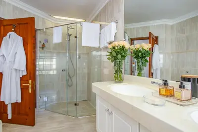 a bathroom with a sink and a shower at Franschhoek Manor in Franschhoek