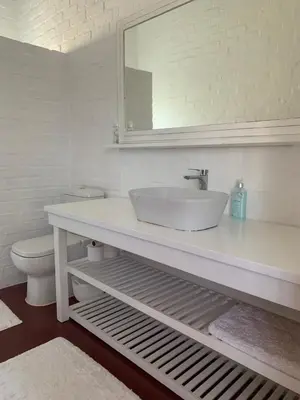a white bathroom with a sink and a toilet at Two Palms Cottage in Hermanus