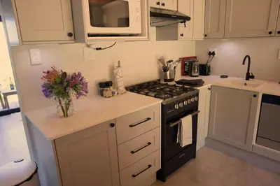 a kitchen with a stove and a vase of flowers at Fynbos Cottage with Sea View - Self-catering in Bettyʼs Bay