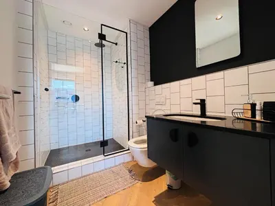 a bathroom with a shower and a toilet and a sink at ZALS Luxury Accommodation-One bed-Cape Town in Cape Town