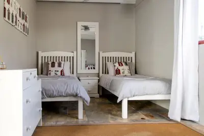 a bedroom with two beds and a mirror at Plaisir du Cap in Hermanus