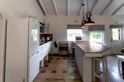 a kitchen with white cabinets and a white refrigerator at Plaisir du Cap in Hermanus