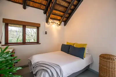 a bedroom with a bed and two windows at Mountain View and Vineyard View in Suider-Paarl