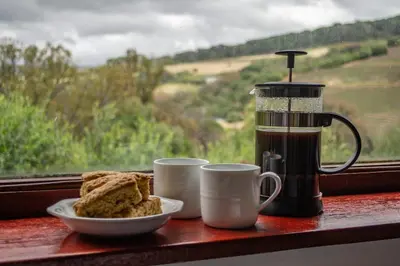 a table with two cups of coffee and a plate of bread at Mountain View and Vineyard View in Suider-Paarl
