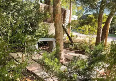 a bench sitting next to a tree in a garden at Mouse House Greyton - tiny home living in Greyton