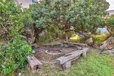 two wooden benches in front of a tree at Mocha Bay House by the Sea in Bettyʼs Bay