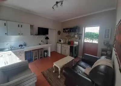 a living room with a couch and a kitchen at Voëlklip garden flat in Hermanus