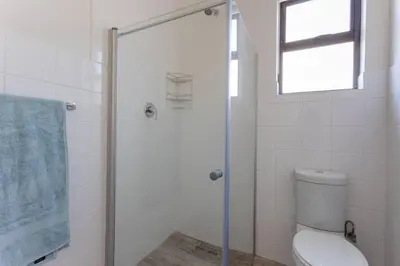 a bathroom with a shower with a toilet and a window at Lux Private Garden Studio - Sunset Beach in Cape Town