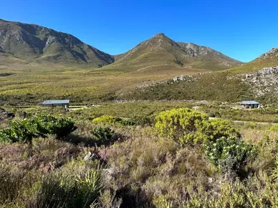 a view of a field with mountains in the background at The River Retreat Kogelberg in Kleinmond