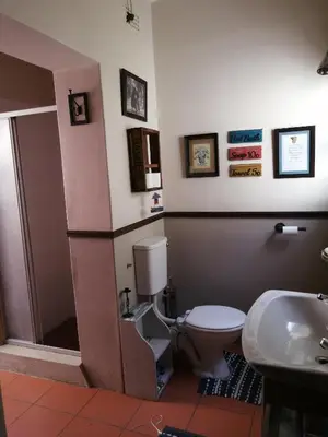 a bathroom with a toilet and a sink at Voëlklip Garden Flat in Hermanus