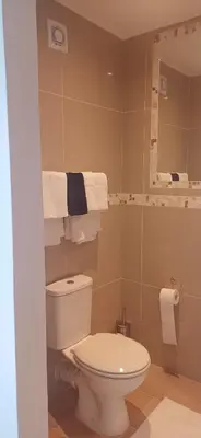 a bathroom with a toilet and a mirror and towels at Villa Rosa Luxury in Cape Town