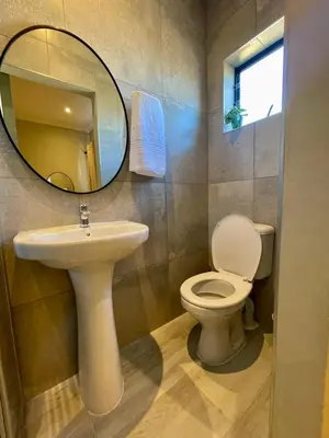 a bathroom with a sink and a toilet and a mirror at Tehillah on Boom in Bothasig