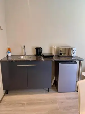 a kitchen with a counter with a sink and a refrigerator at Tehillah on Boom in Bothasig
