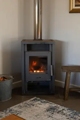 a wood stove in a living room with a rug at De Boerderij in Strand