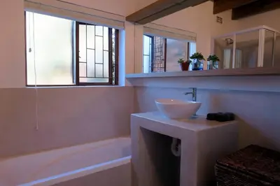 a bathroom with a sink and a bath tub at Hidden gem in bush 350m from main beach in Bettyʼs Bay