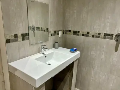 a bathroom with a white sink and a mirror at Garden Flat in Cape Town