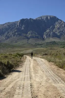 a person and a dog walking down a dirt road at MAGNIFICENT 6 sleeper mountain getaway in Romansrivier