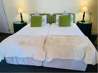 two beds in a hotel room with green pillows at Mill House Bed and Breakfast in Stellenbosch