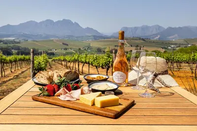 a table with food and a bottle of wine and grapes at Stellenbosch Farm Cabin - Klein Frans in Stellenbosch