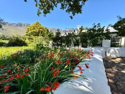 a garden with red flowers on a sidewalk at Keerweder Cottages in Franschhoek
