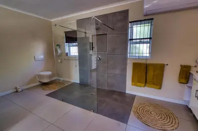 a bathroom with a shower and a toilet at Magnificent House in Cape Town