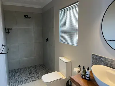 a bathroom with a shower and a toilet and a sink at The Cliff Villa Boutique Guesthouse in Hermanus