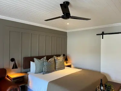 a bedroom with a bed with a ceiling fan at The Cliff Villa Boutique Guesthouse in Hermanus