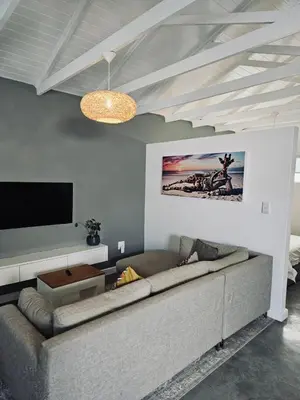 a living room with a couch and a flat screen tv at Blouberg Rise Cottage in Cape Town