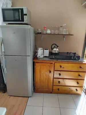a kitchen with a white refrigerator and a microwave at Rustig by die See in Bettyʼs Bay