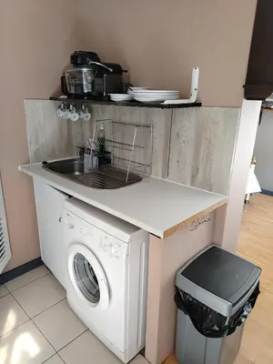 a kitchen with a washing machine and a sink at Rustig by die See in Bettyʼs Bay