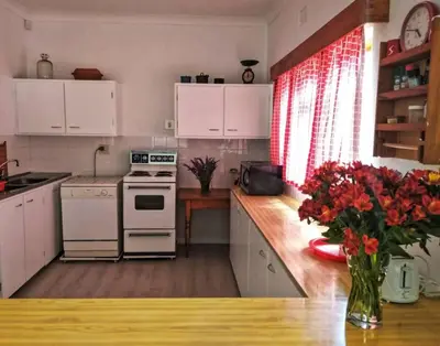 a kitchen with white appliances and a vase of flowers on a table at Mogit-ewig-duur in Hermanus