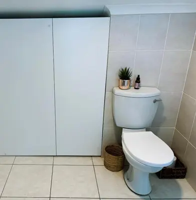 a bathroom with a toilet with a plant on top of it at Serene loft apartment in Cape Town