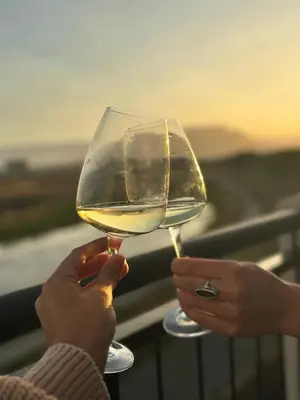 a person holding a glass of white wine at Serene loft apartment in Cape Town