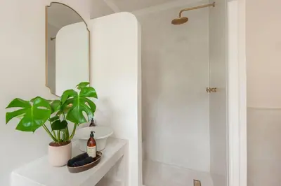 a bathroom with a sink and a mirror and a plant at Heartwood Cottage in Hermanus